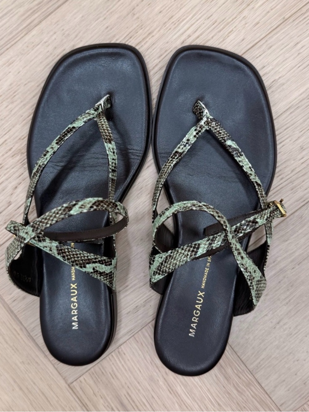 Margaux Black Sandals with Green Snake-Print Straps